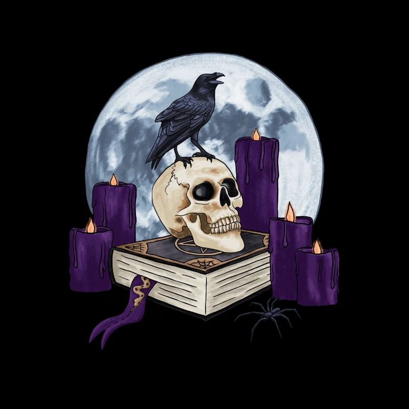 Witch book with skull and raven at full moon