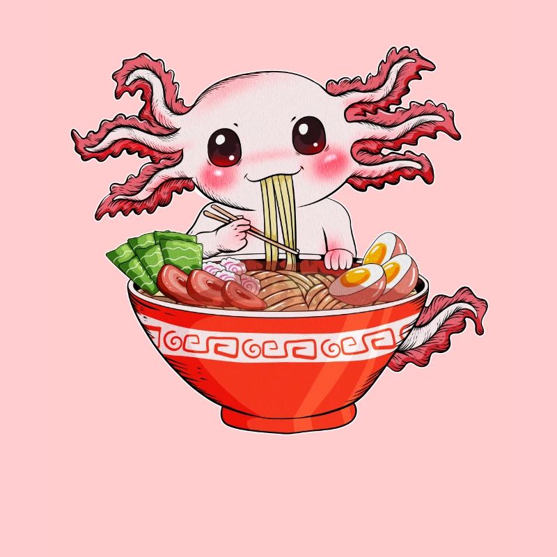 Molch isst schlürft Ramen-Nudeln witziger Axolotl