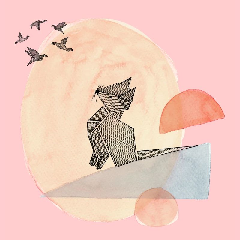 Illustration de l’origami du chat et des oiseaux