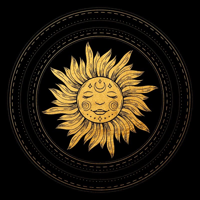 Sun face with golden rays, mystical