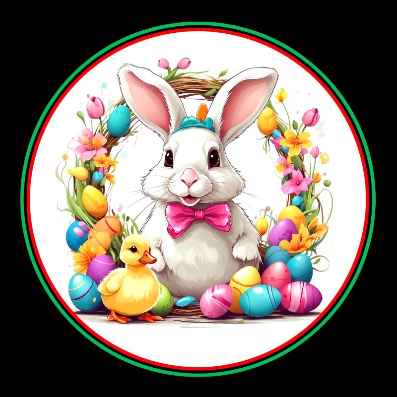 Cute easter bunny in easter basket with little chick