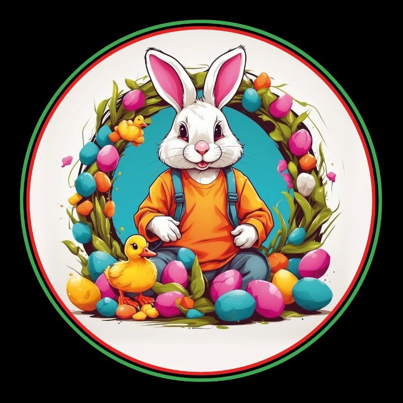Cute easter bunny in easter basket with little chick