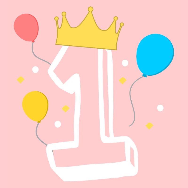Zahl 1 mit einer Krone und Ballons