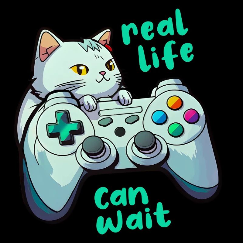 Gamer Katze Controller Spruch Real Life Can Wait