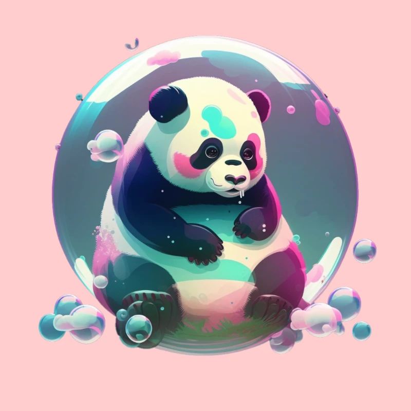 Panda bear plays with soap bubbles