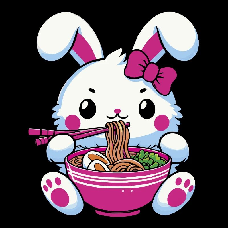 Lapin mignon kawaii mangeant des ramen