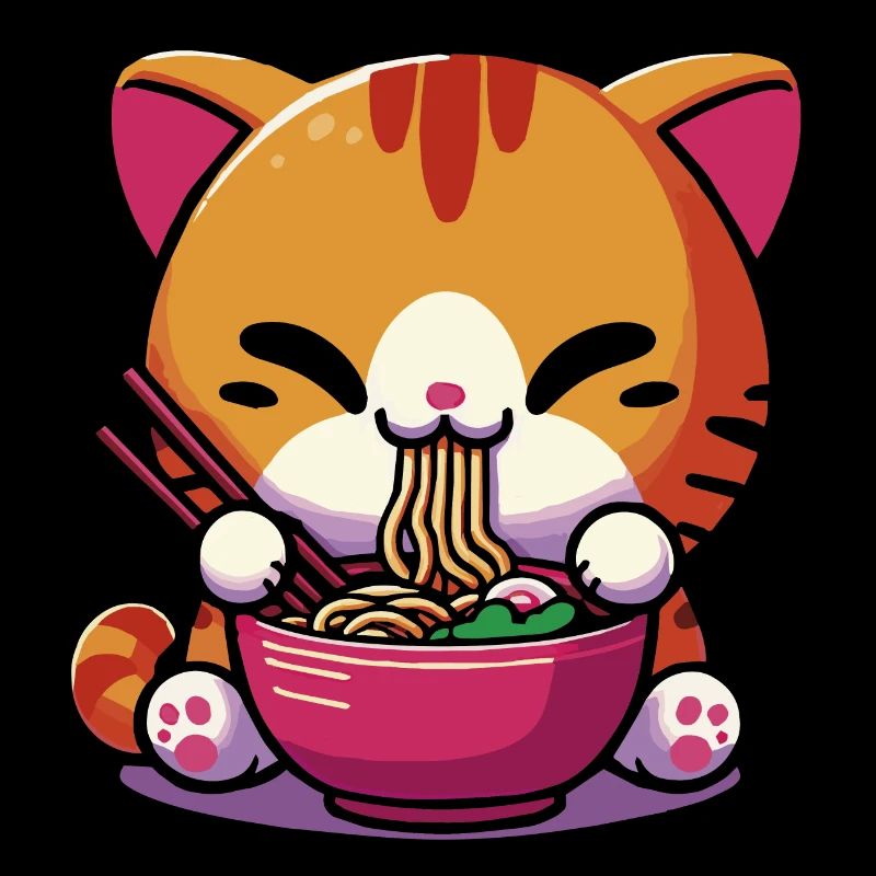 Chat Kawaii Neko mignon mangeant des Ramen 1
