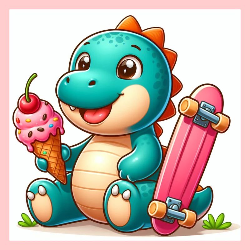 Türkis Dino mit Eiswaffel und Skateboard
