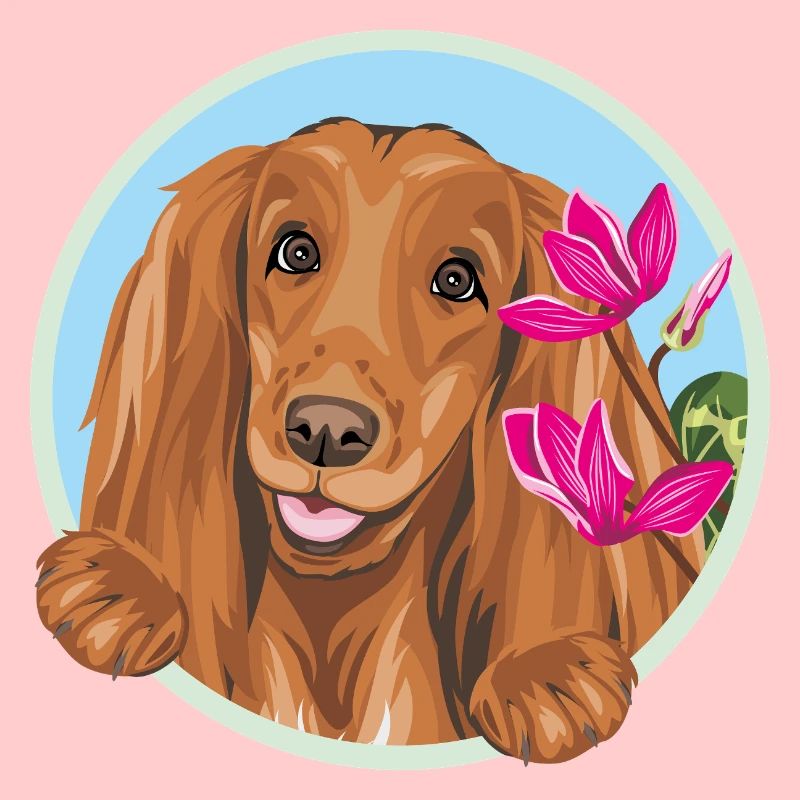 Chien Cocker Spaniel heureux aux fleurs roses
