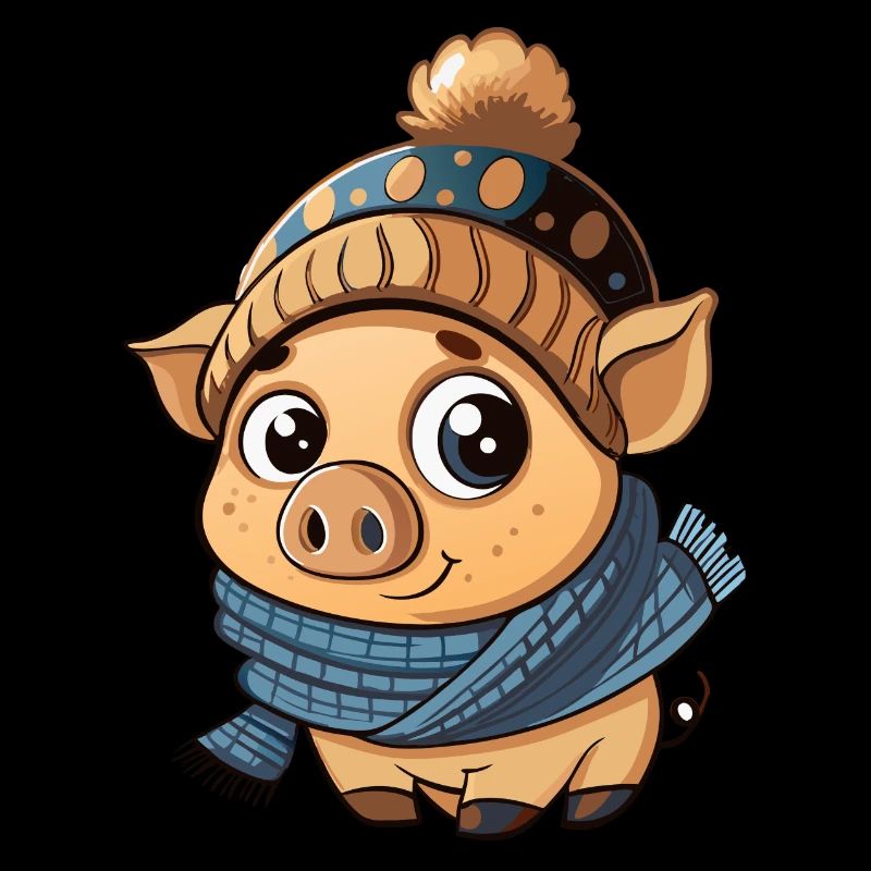 Mignon cochon avec écharpe et chapeau à pompon.