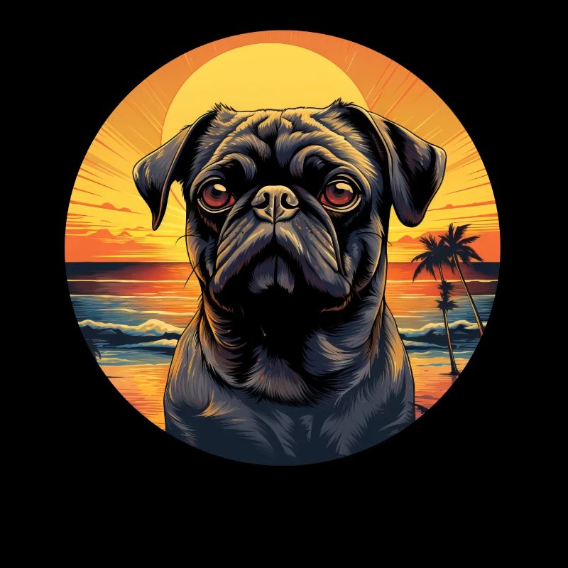 Carlin mignon sur la plage au coucher du soleil