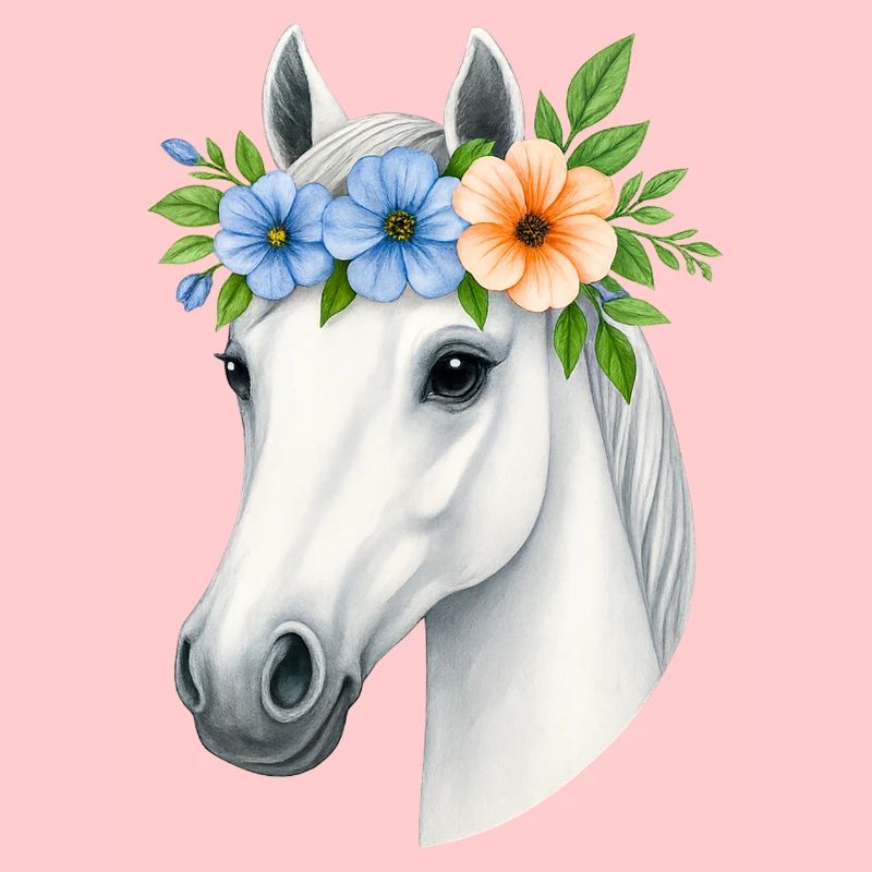 Cheval blanc avec couronne de fleurs