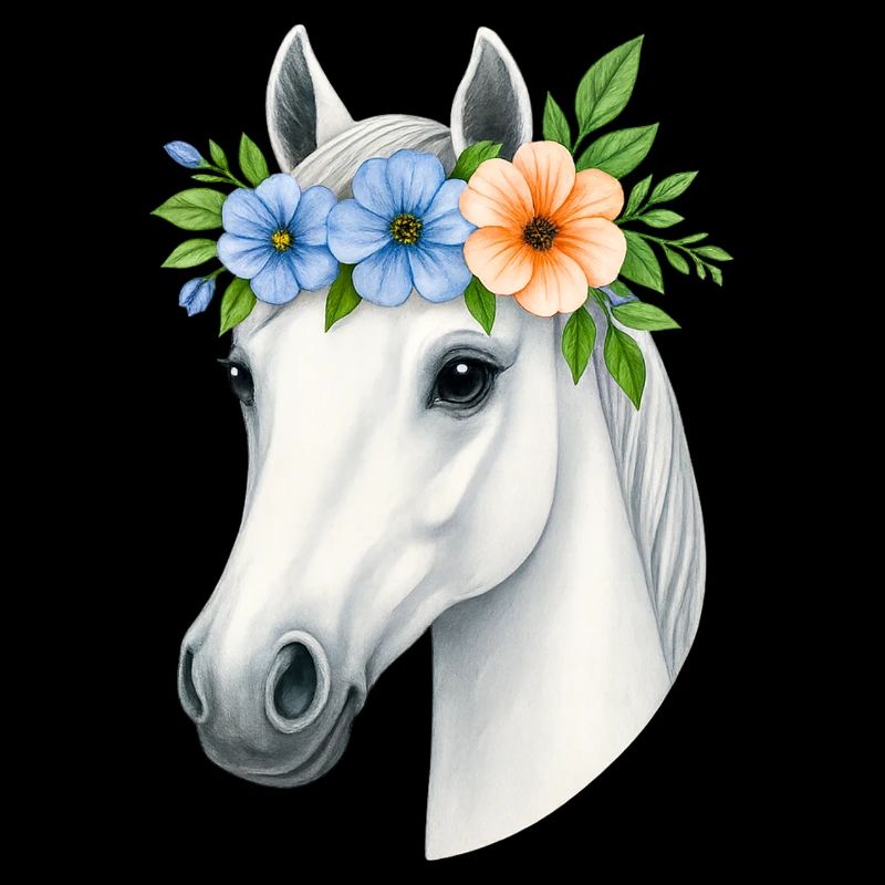Weißes Pferd mit Blumenkranz
