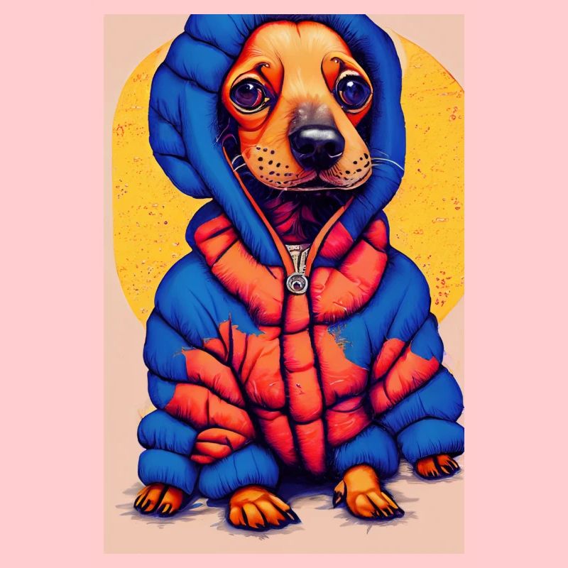Teckel Pop Art avec doudoune surdimensionnée