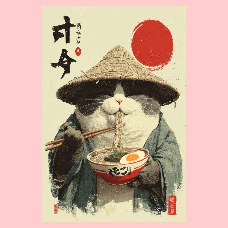 Chat samouraï mangeant des ramen