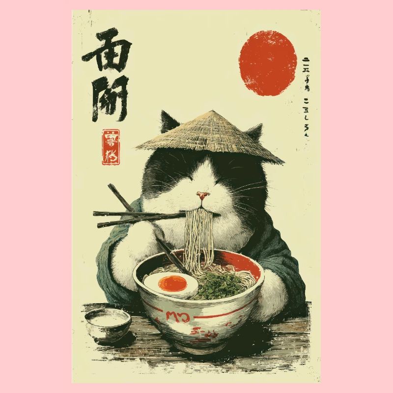 Chat samouraï dégustant des ramen