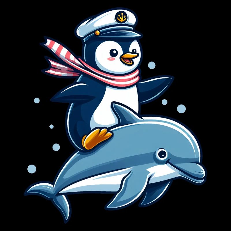 Sailing Penguin Riding A Dolphin