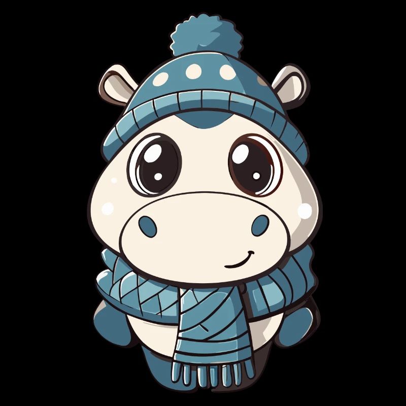 Hippopotame mignon avec écharpe et chapeau à pompon.