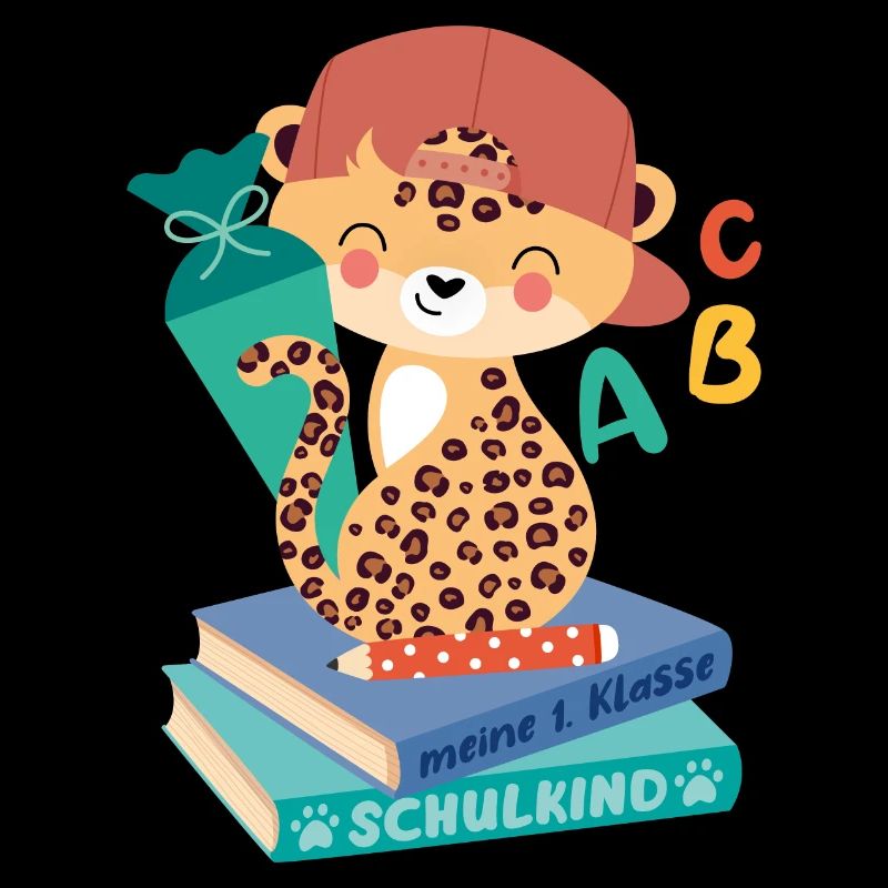 Léopard avec cône d’école pile de livres écolier