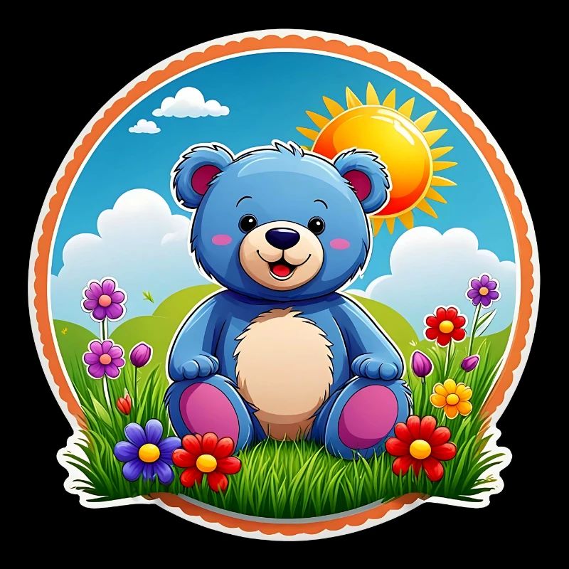 Süßer blauer Teddybär im Garten Sonne und Wolken