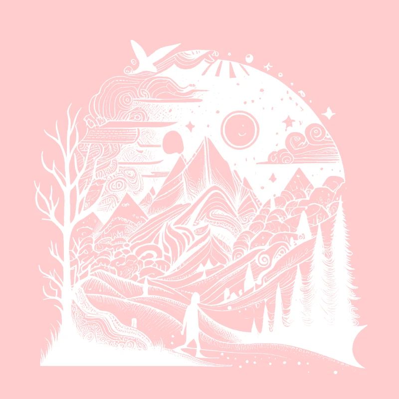 Wanderer, Landschaft mit Bergen, Bäumen und Muster
