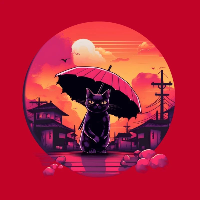 Synthwave japan Cat with umbrella