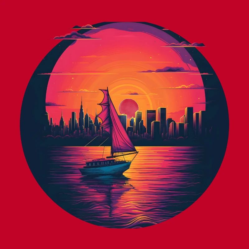 Synthwave sailing ship sunset