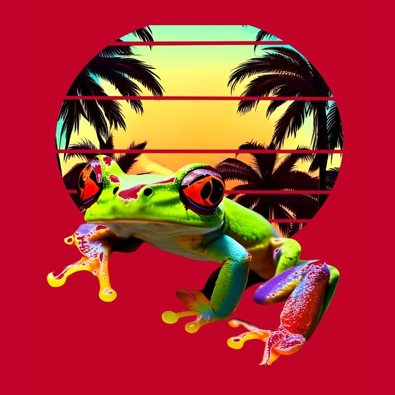 Red-eyed tree frog with palm trees sunset