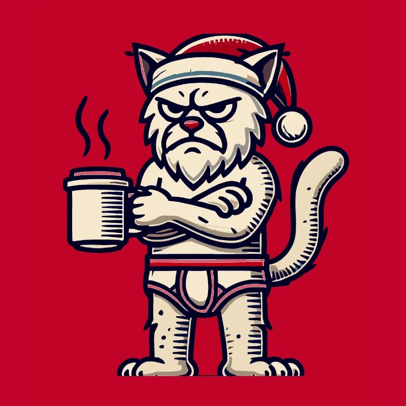 Funny grumpy Christmas cat with coffee