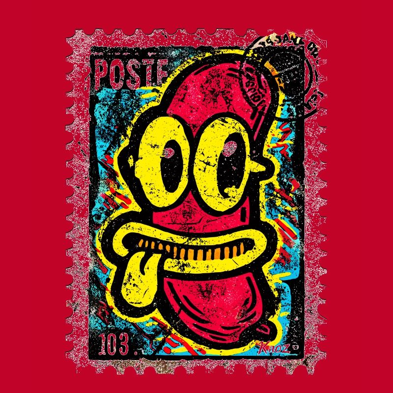 Freche Comic-Wurst mit Zunge auf Briefmarke