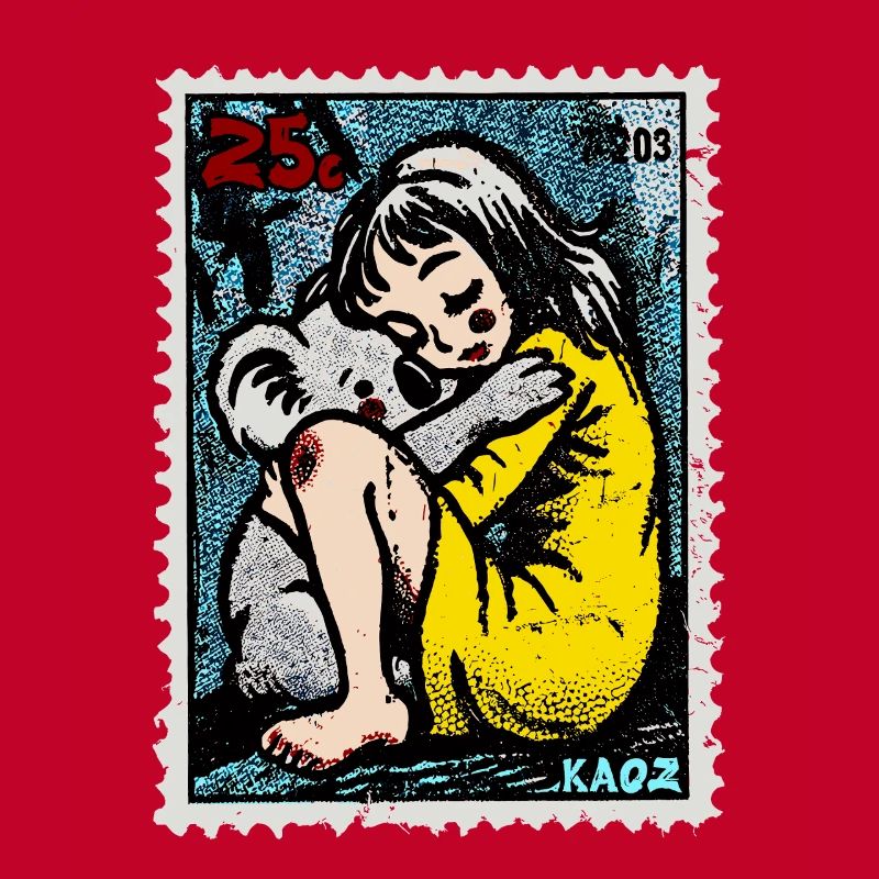 Fille avec un koala sur un timbre-poste
