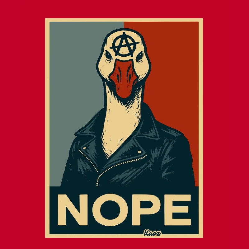 Goose with leather jacket says no
