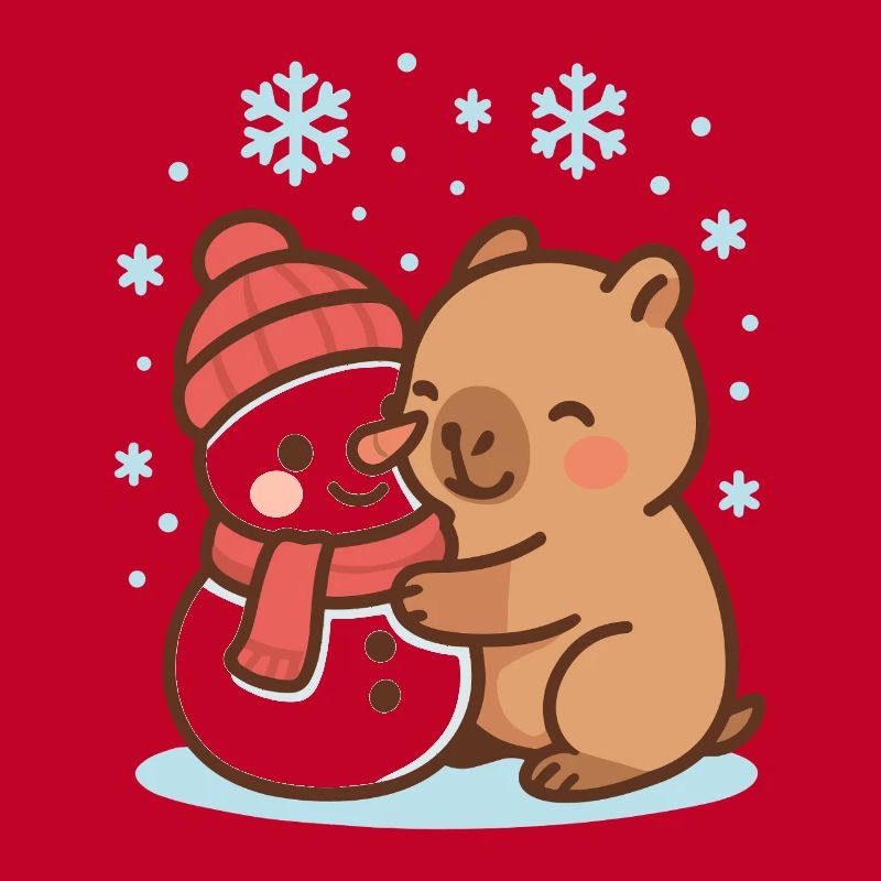 Capybara hugging snowman in winter