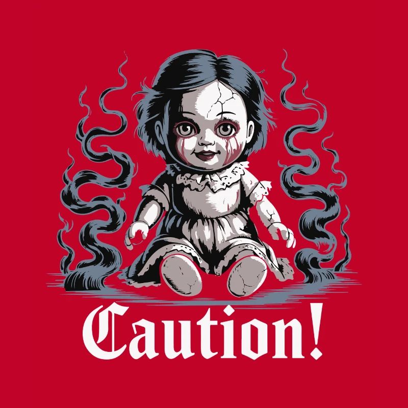 Creepy Doll with Caution Text