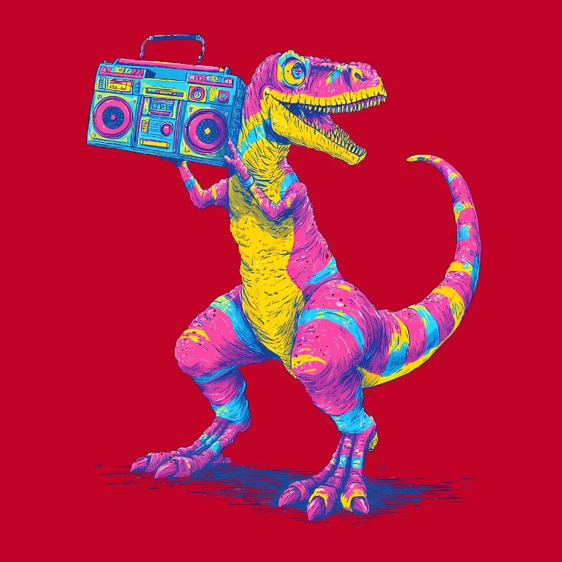 T-Rex mit Ghettoblaster im 90er Neon Stil