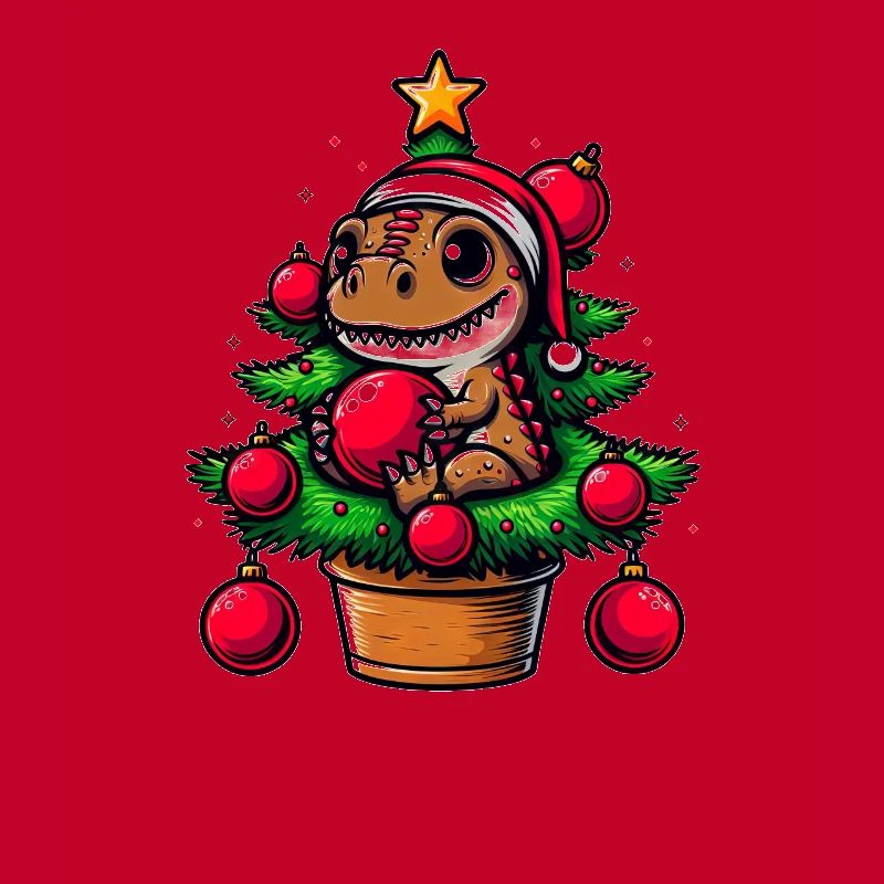 Cute T-Rex Dino Christmas Tree Comic Style