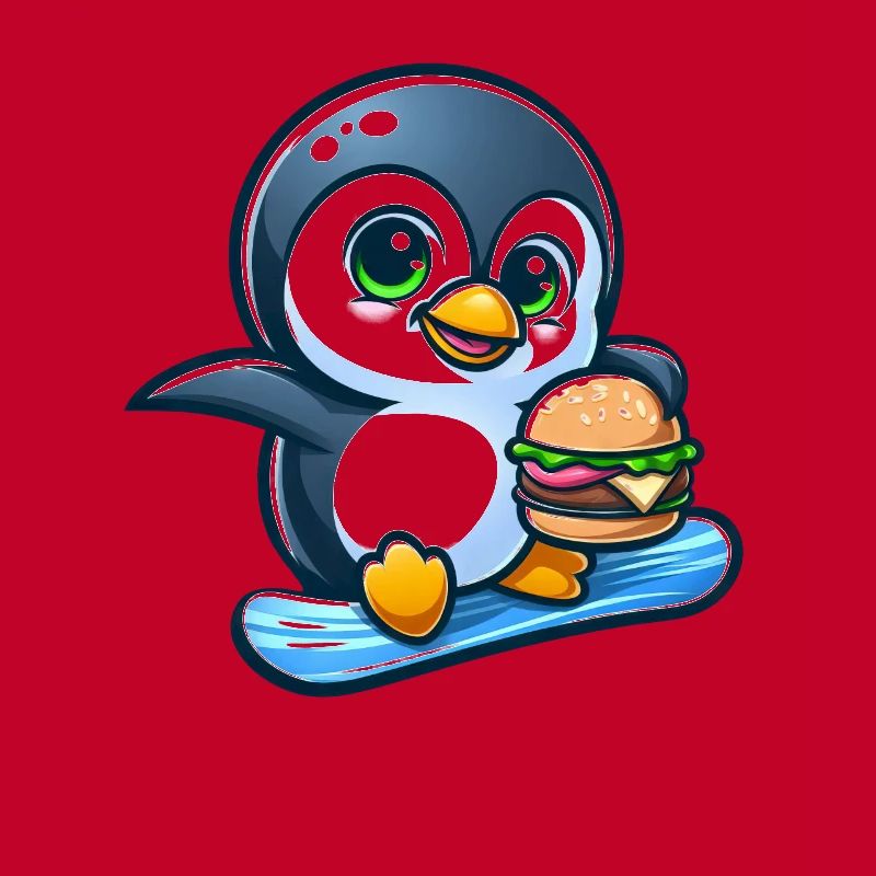 Cool pingouin snowboarder avec burger