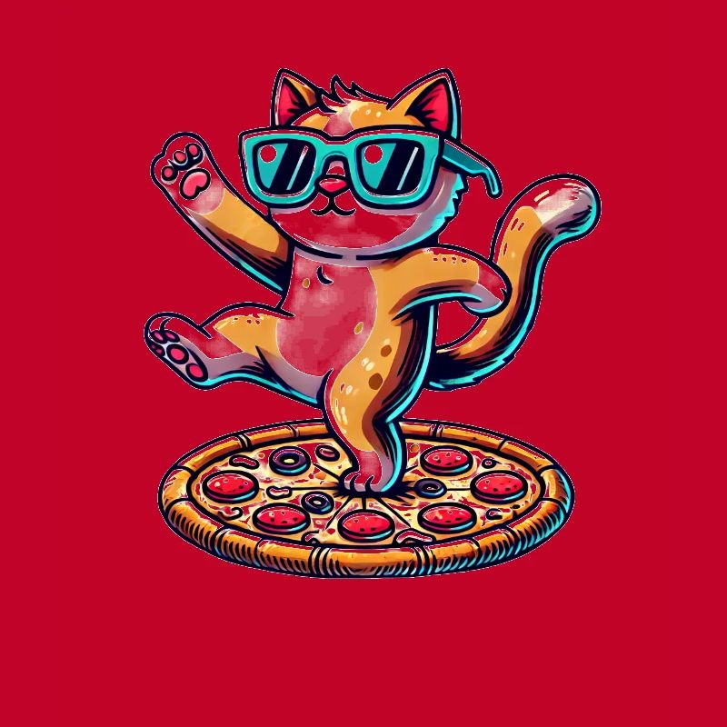 Chat cool avec des lunettes de soleil mangeant de la pizza et dansant