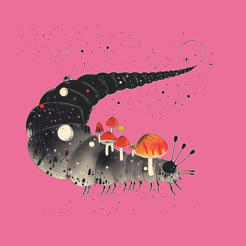 Surreal Caterpillar with Toadstools - Forest Motif