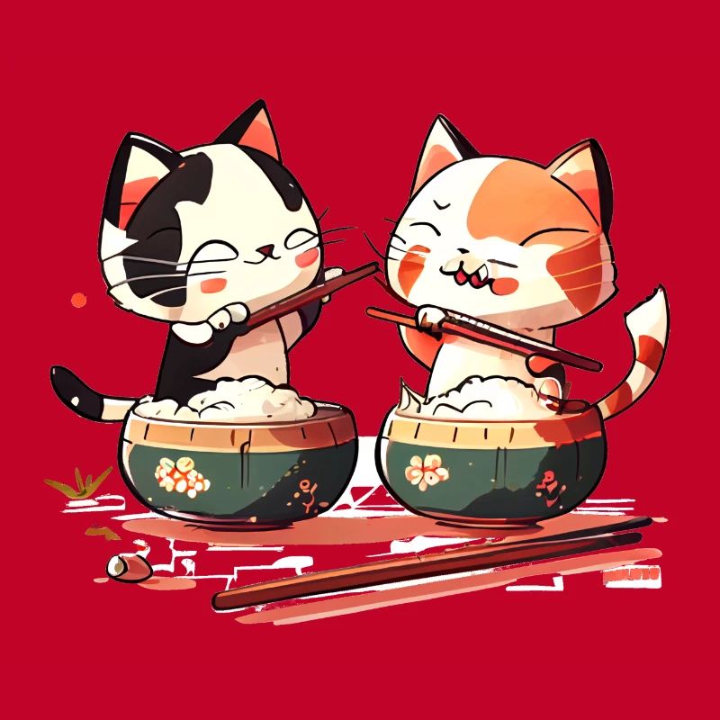 De mignons chats comiques mangent du riz ensemble