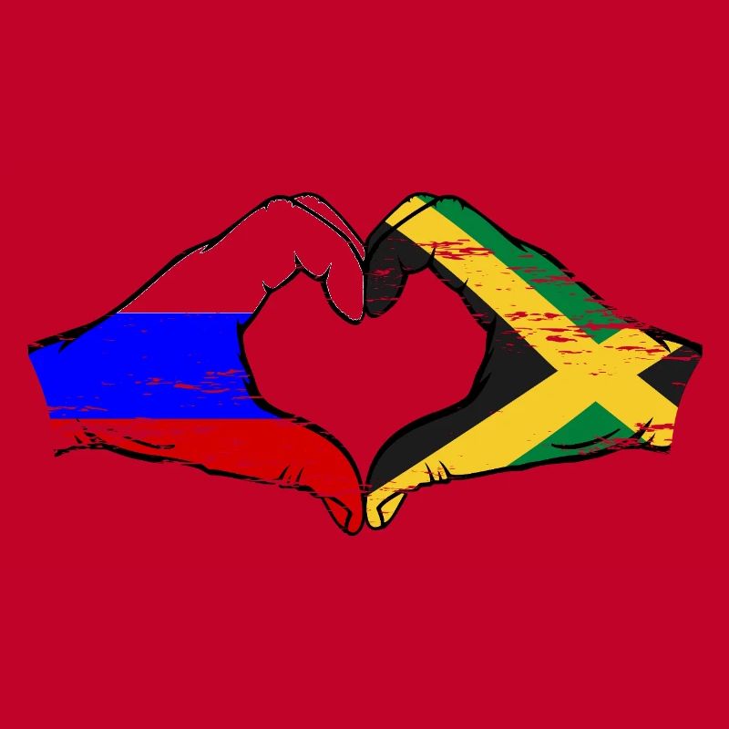 Russie Jamaïque drapeau mains forme de coeur utilisé