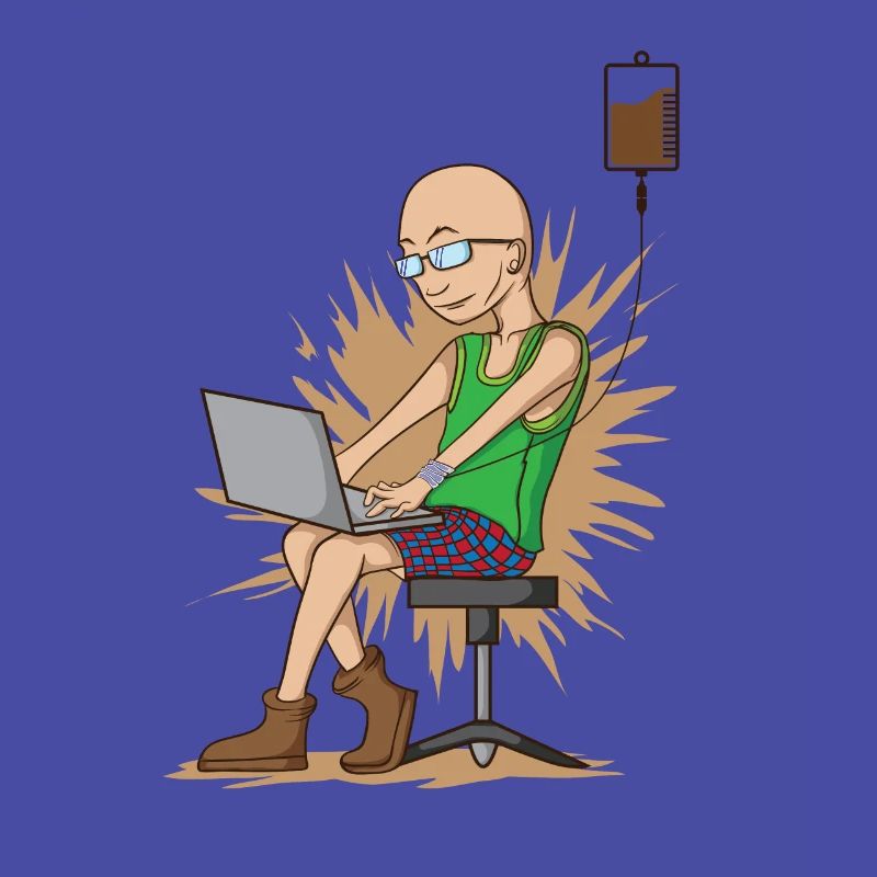 Coffee drinking nerd while chopping hangs on coffee