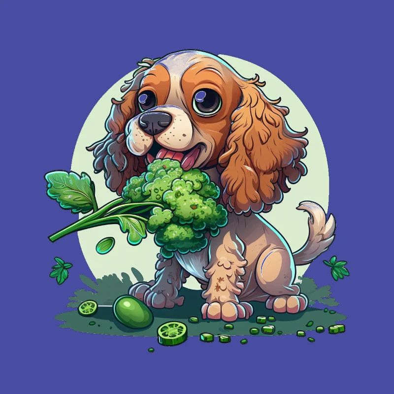 Cute dog eats broccoli vegetables
