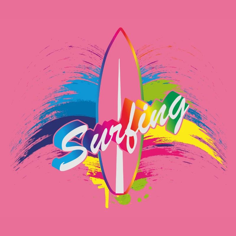 Surfing rainbow surfboard splash typography
