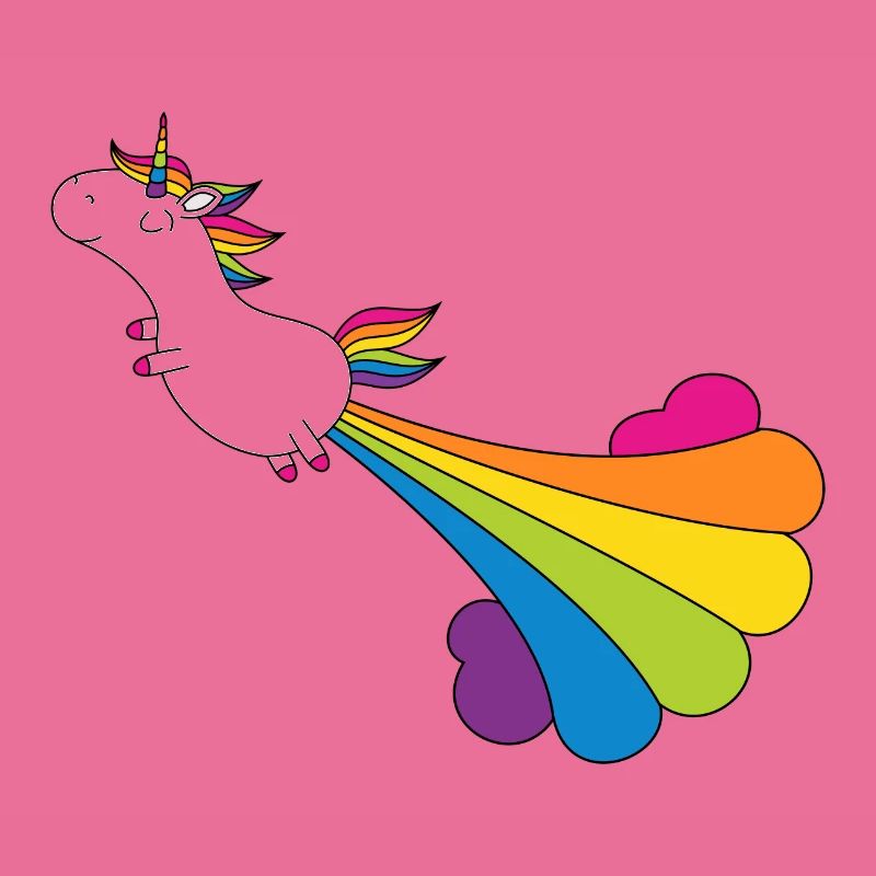 Funny pupping unicorn with rainbow cloud