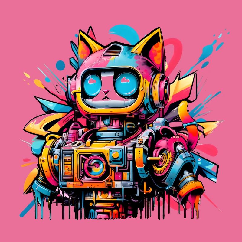 Chat conçu comme un robot dans le style graffiti de la bande dessinée