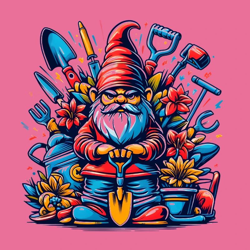 Colorful, grim garden gnome with flowers & tools