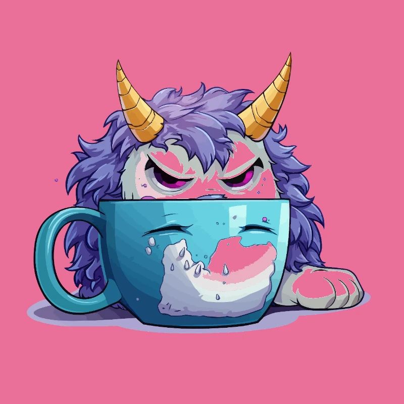 Grumpy monster in a coffee mug