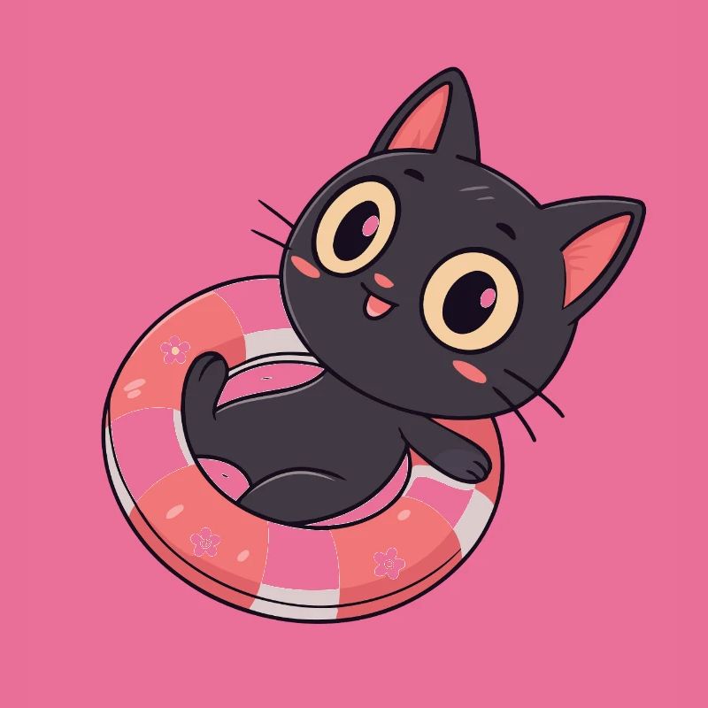 Chat noir sur bouée fleurs