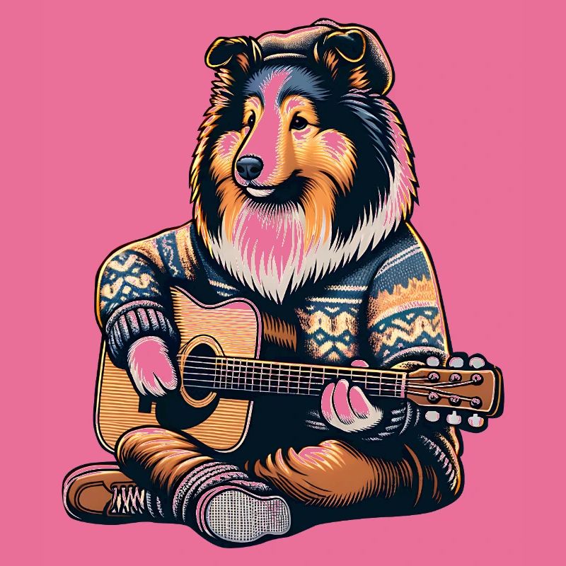 Collie Mit Akustikgitarre Im Strickpullover